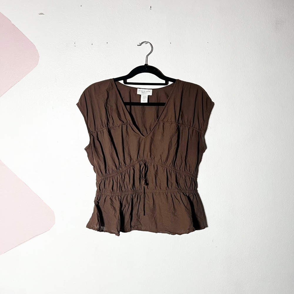 Calypso St. Barth Peplum Top Medium Brown 100% Cotton Boho Retro